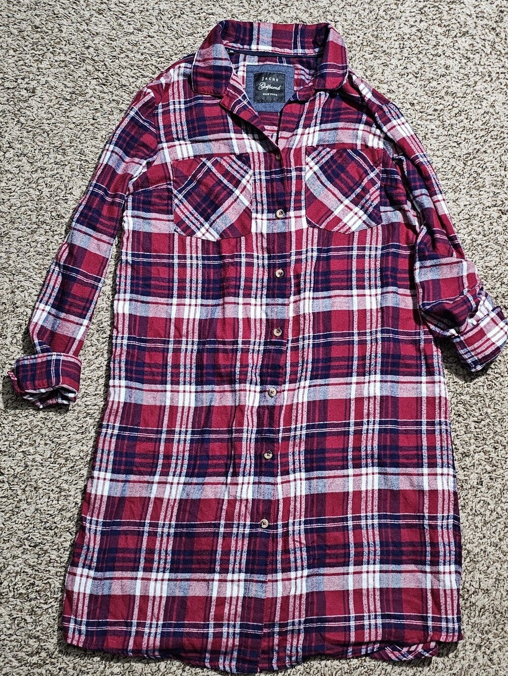 Jachs Girlfriend New York Red Navy White Plaid Button-Up Shirt Dress